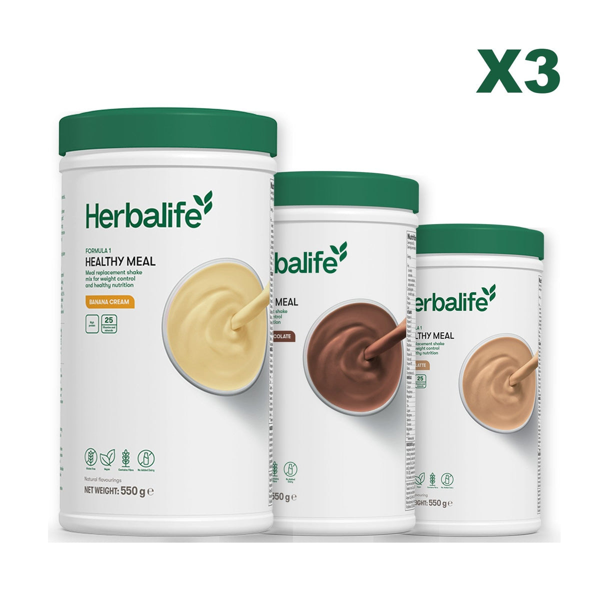 Three Formula 1 shake tubs led by Banana Cream, plus two flavours you choose, Chocolate / Cafe Latte