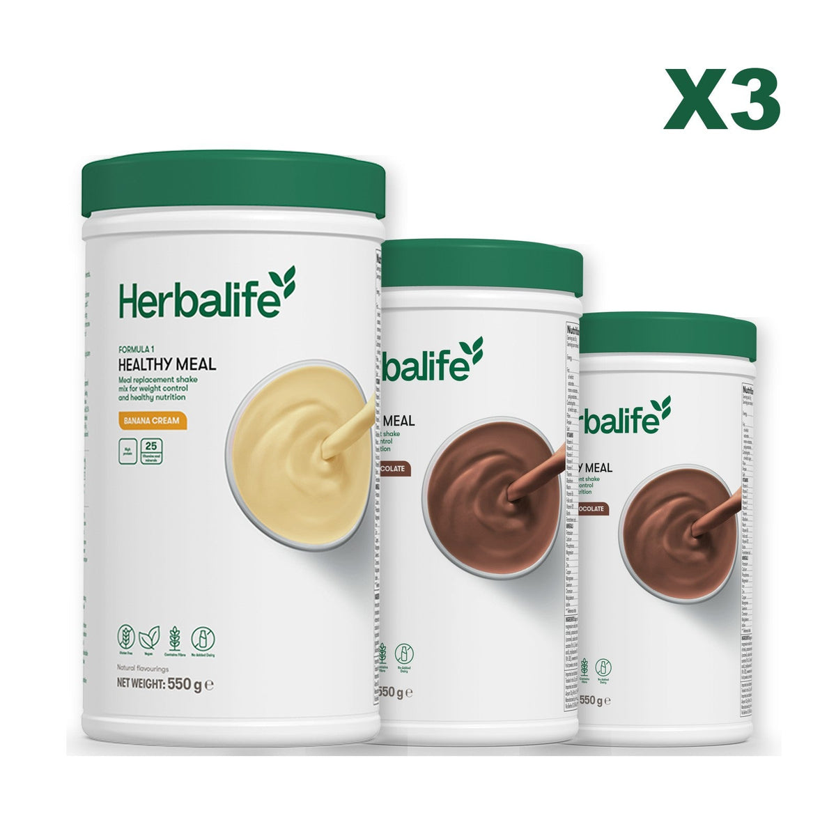 Three Formula 1 shake tubs led by Banana Cream, plus two flavours you choose, Chocolate / Chocolate