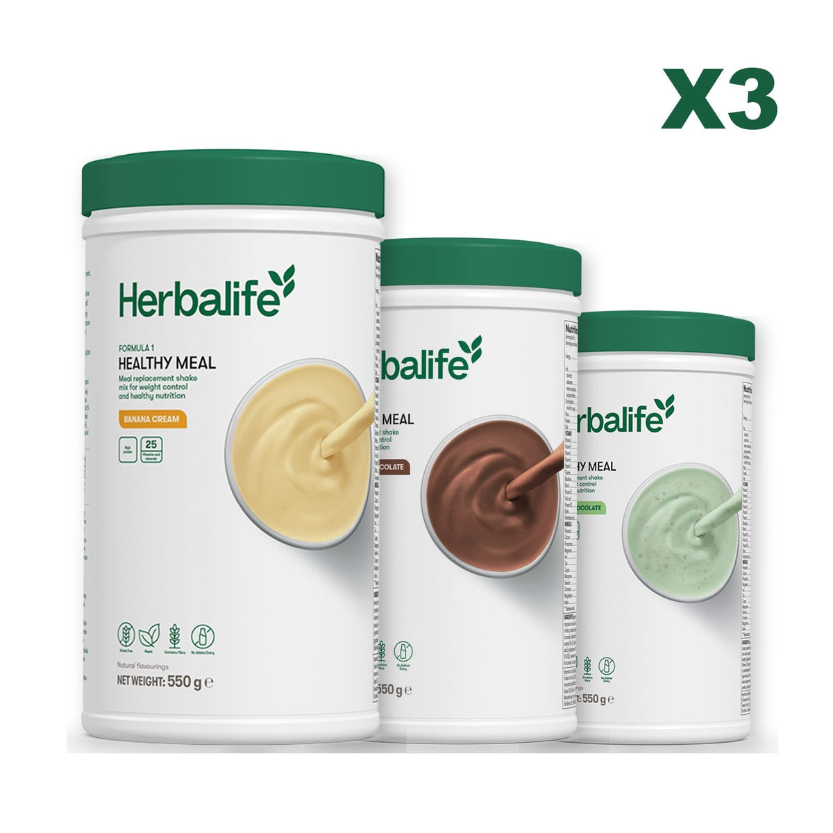 Three Formula 1 shake tubs led by Banana Cream, plus two flavours you choose, Chocolate / Mint Chocolate