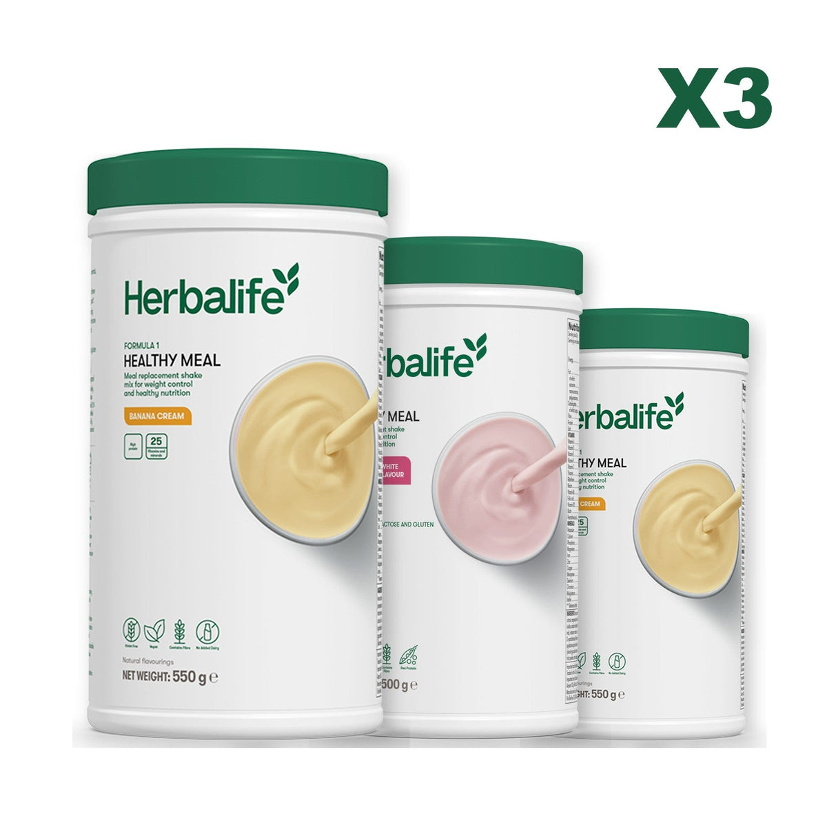 Three Formula 1 shake tubs led by Banana Cream, plus two flavours you choose, Free From Raspberry & White Chocolate / Banana Cream