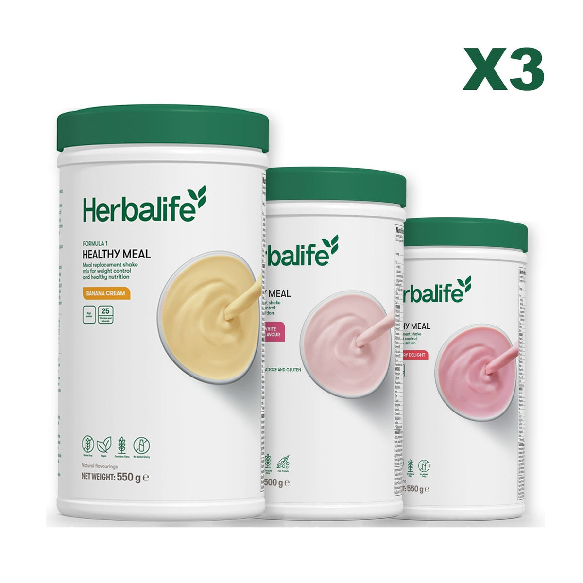 Three Formula 1 shake tubs led by Banana Cream, plus two flavours you choose, Free From Raspberry & White Chocolate / Strawberry