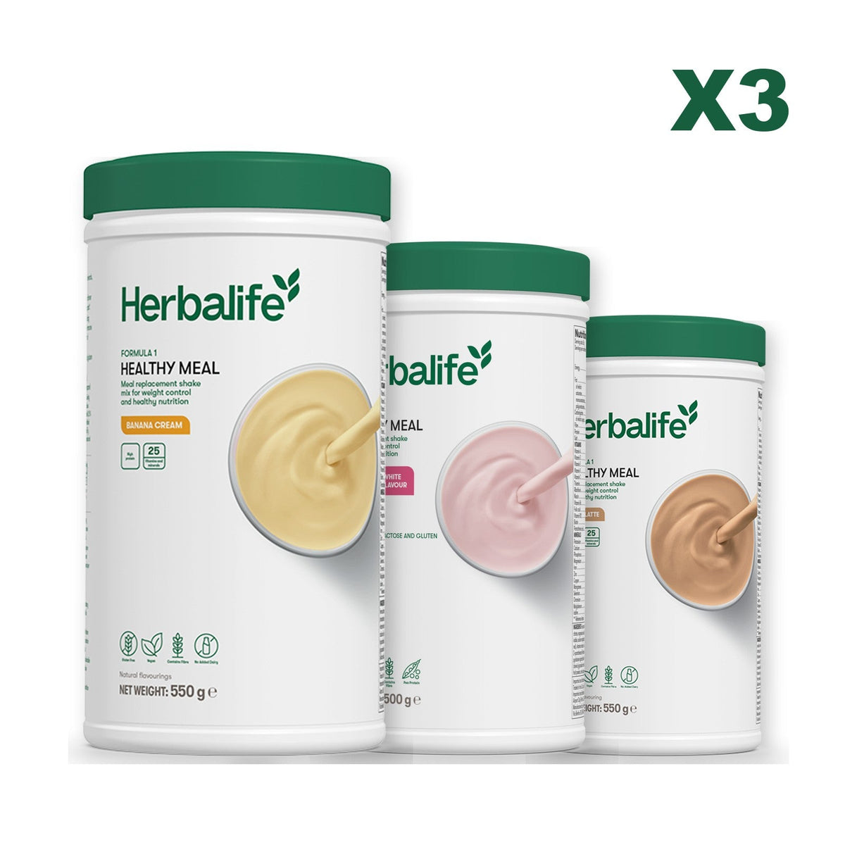 Three Formula 1 shake tubs led by Banana Cream, plus two flavours you choose, Free From Raspberry & White Chocolate / Cafe Latte