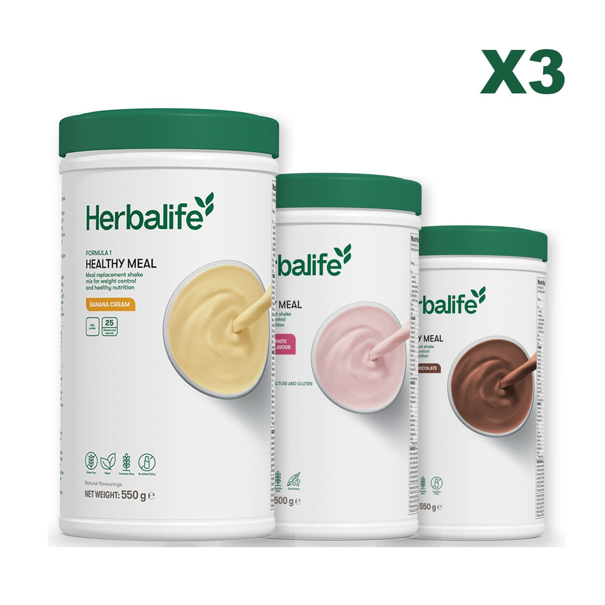 Three Formula 1 shake tubs led by Banana Cream, plus two flavours you choose, Free From Raspberry & White Chocolate / Chocolate