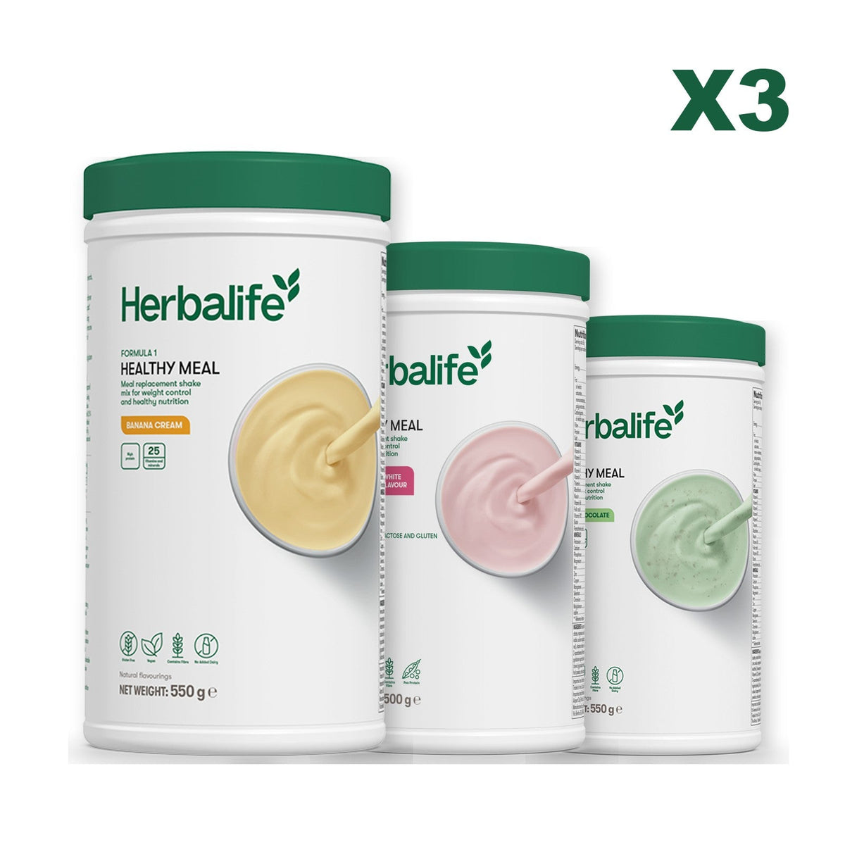 Three Formula 1 shake tubs led by Banana Cream, plus two flavours you choose, Free From Raspberry & White Chocolate / Mint Chocolate