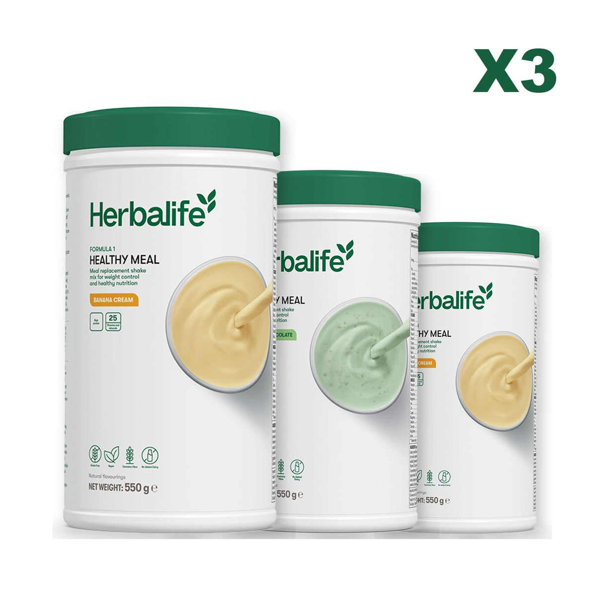 Three Formula 1 shake tubs led by Banana Cream, plus two flavours you choose, Mint Chocolate / Banana Cream