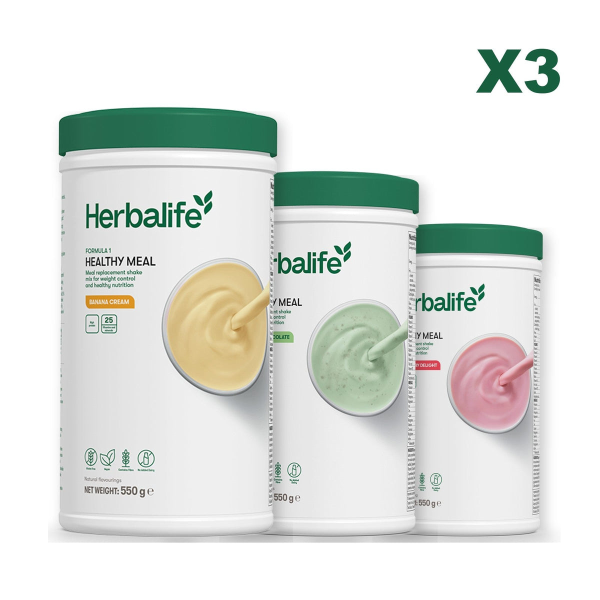 Three Formula 1 shake tubs led by Banana Cream, plus two flavours you choose, Mint Chocolate / Strawberry