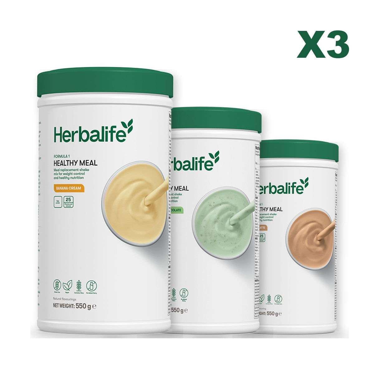 Three Formula 1 shake tubs led by Banana Cream, plus two flavours you choose, Mint Chocolate / Cafe Latte