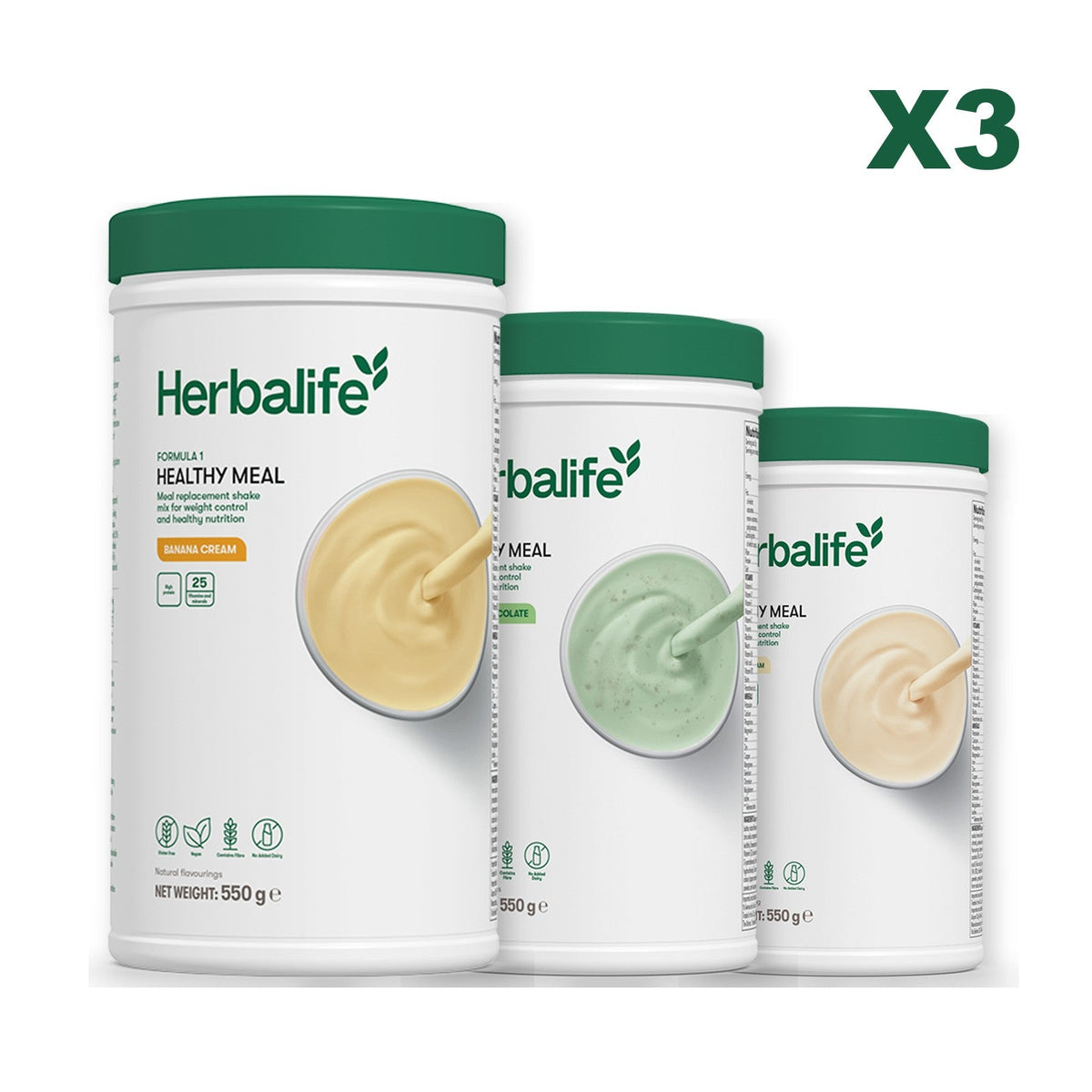 Three Formula 1 shake tubs led by Banana Cream, plus two flavours you choose, Mint Chocolate / Vanilla