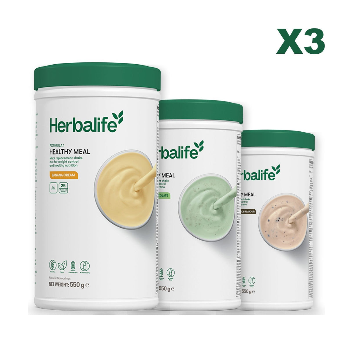 Three Formula 1 shake tubs led by Banana Cream, plus two flavours you choose, Mint Chocolate / Cookie Crunch