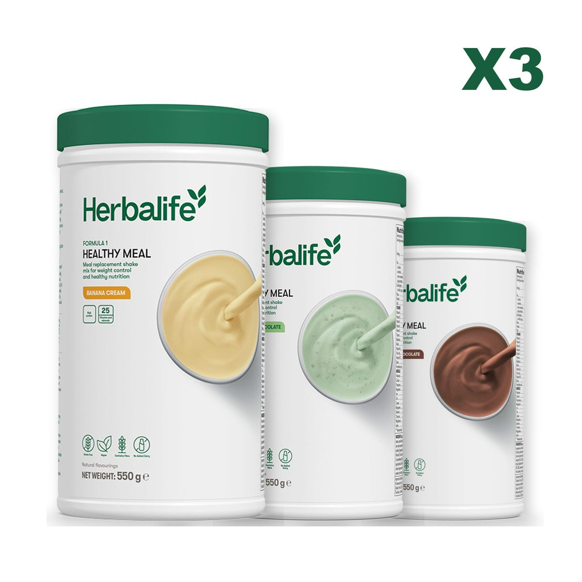 Three Formula 1 shake tubs led by Banana Cream, plus two flavours you choose, Mint Chocolate / Chocolate