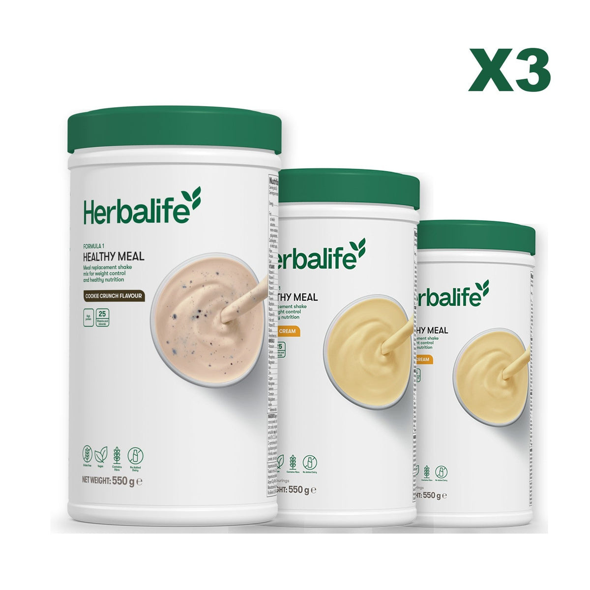 Three Formula 1 shake tubs led by Cookie Crunch, plus two flavours you choose, Banana Cream / Banana Cream