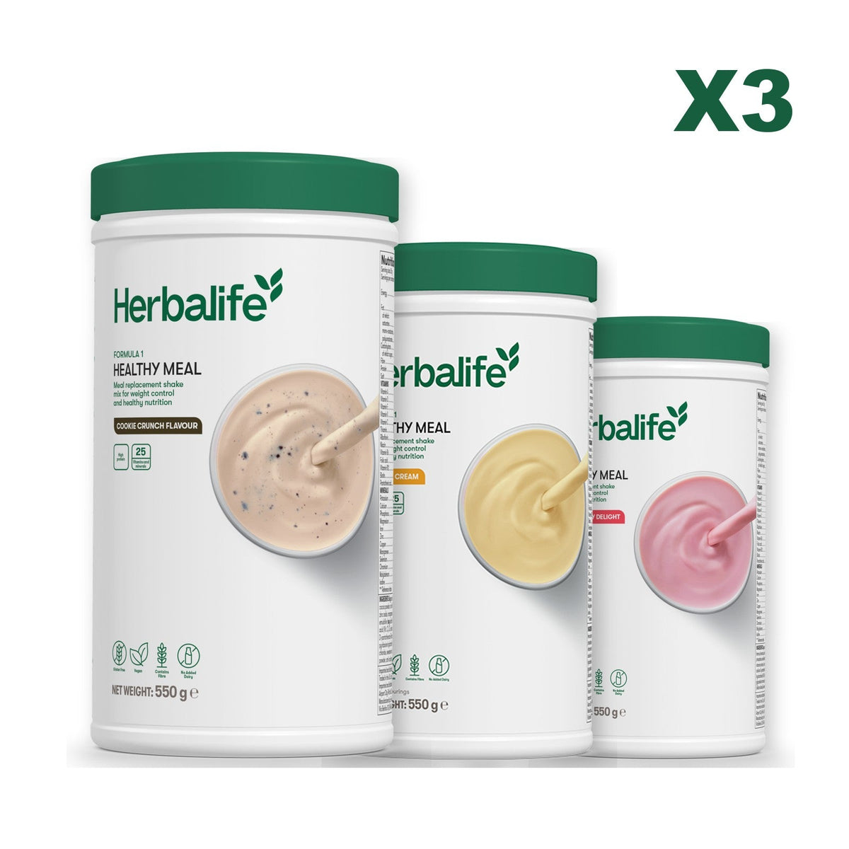 Three Formula 1 shake tubs led by Cookie Crunch, plus two flavours you choose, Banana Cream / Strawberry
