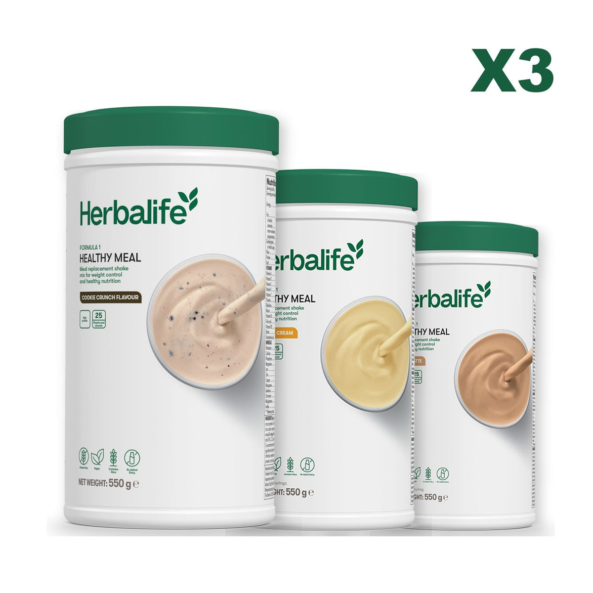 Three Formula 1 shake tubs led by Cookie Crunch, plus two flavours you choose, Banana Cream / Cafe Latte