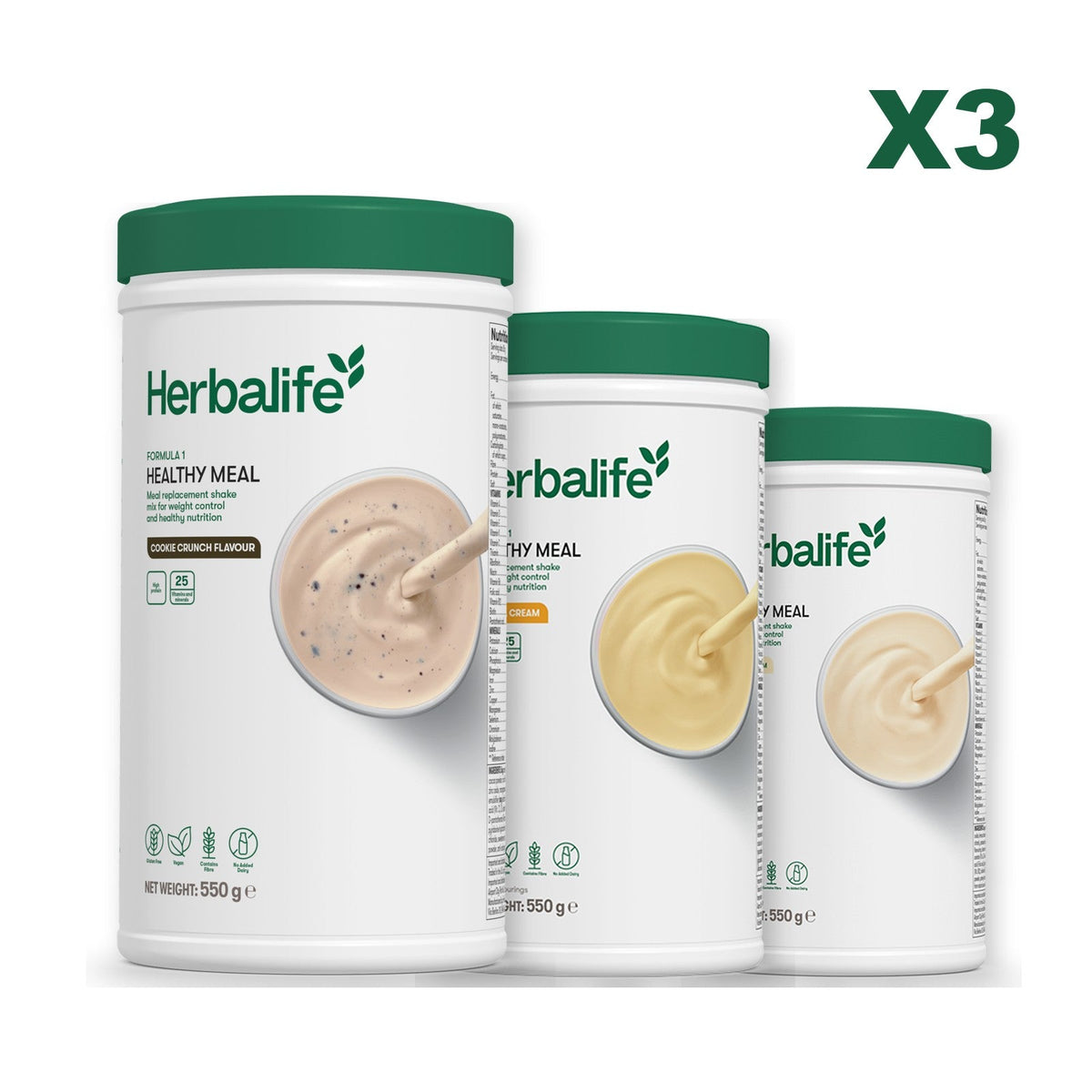 Three Formula 1 shake tubs led by Cookie Crunch, plus two flavours you choose, Banana Cream / Vanilla