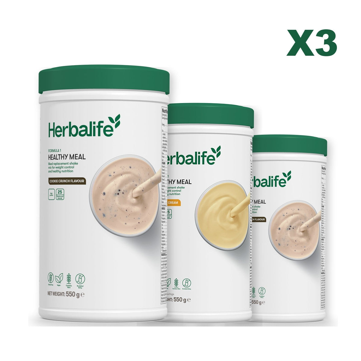 Three Formula 1 shake tubs led by Cookie Crunch, plus two flavours you choose, Banana Cream / Cookie Crunch
