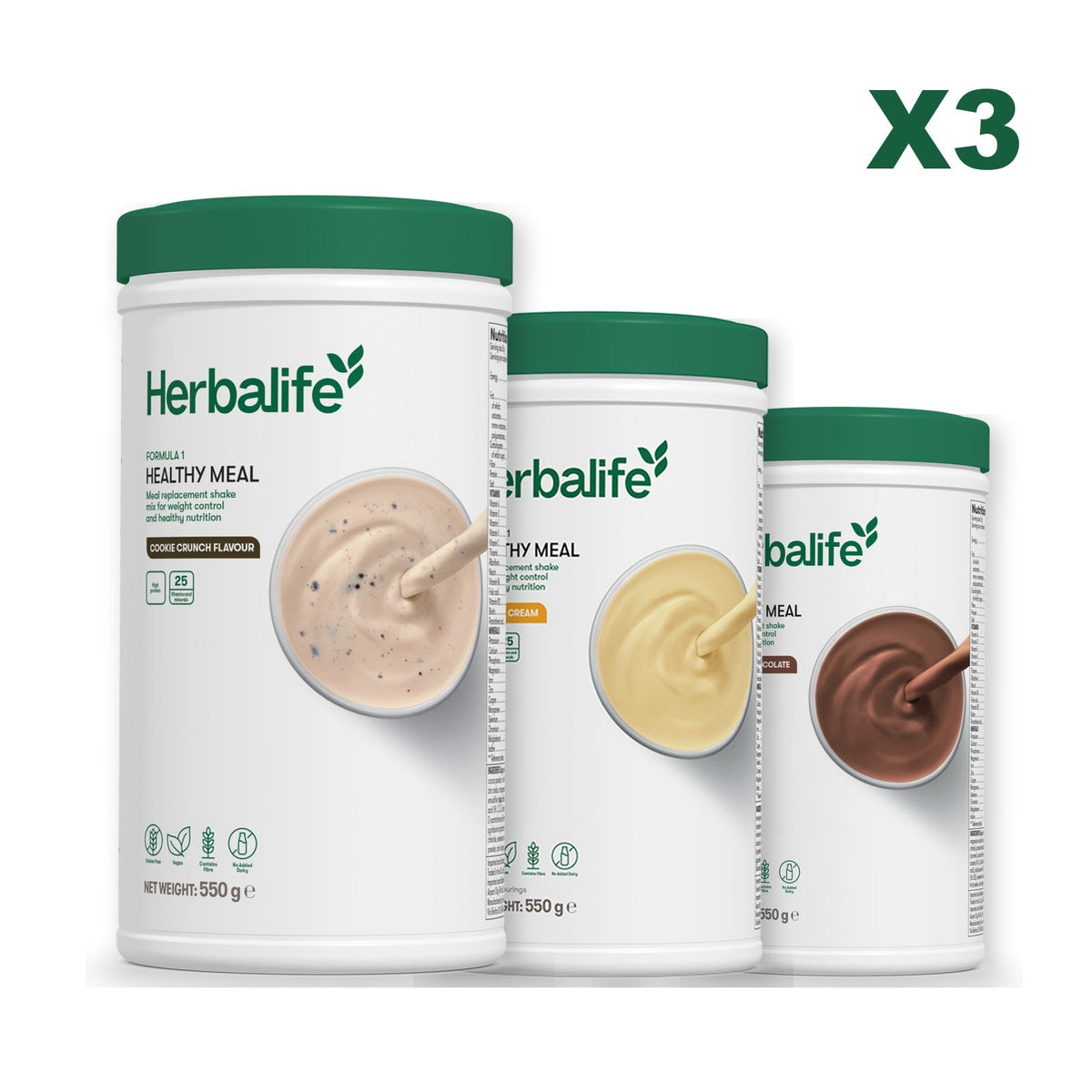 Three Formula 1 shake tubs led by Cookie Crunch, plus two flavours you choose, Banana Cream / Chocolate