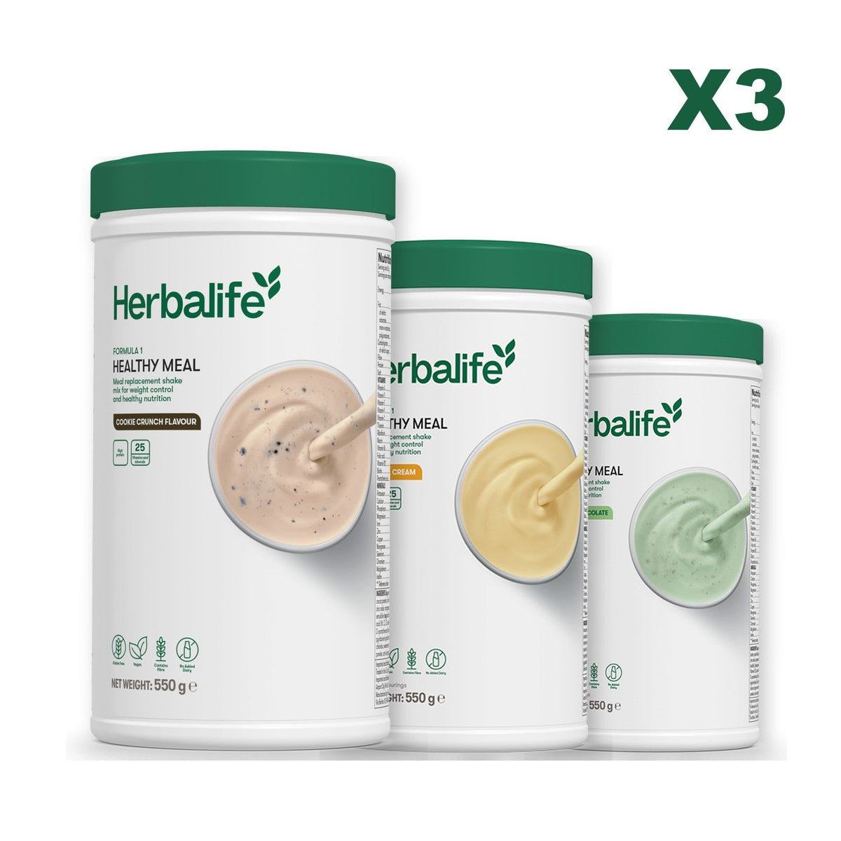 Three Formula 1 shake tubs led by Cookie Crunch, plus two flavours you choose, Banana Cream / Mint Chocolate