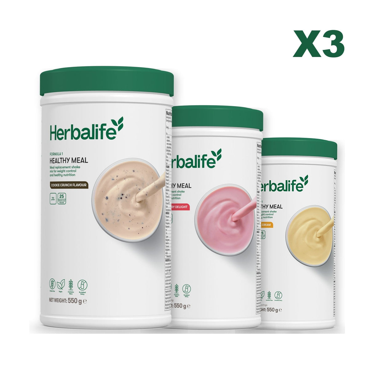 Three Formula 1 shake tubs led by Cookie Crunch, plus two flavours you choose, Strawberry / Banana Cream