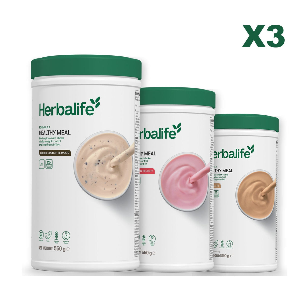 Three Formula 1 shake tubs led by Cookie Crunch, plus two flavours you choose, Strawberry / Cafe Latte
