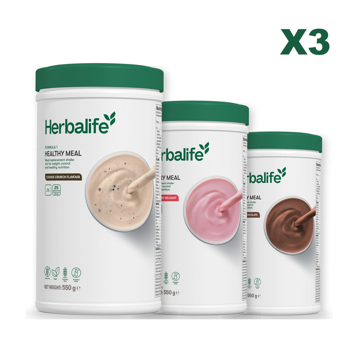 Three Formula 1 shake tubs led by Cookie Crunch, plus two flavours you choose, Strawberry / Chocolate