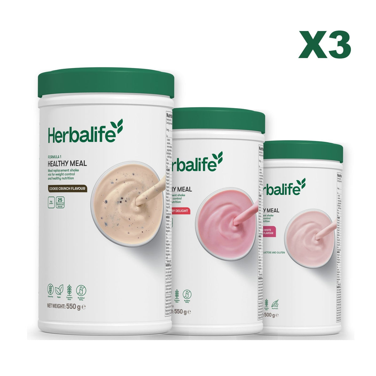 Three Formula 1 shake tubs led by Cookie Crunch, plus two flavours you choose, Strawberry / Free From Raspberry & White Chocolate