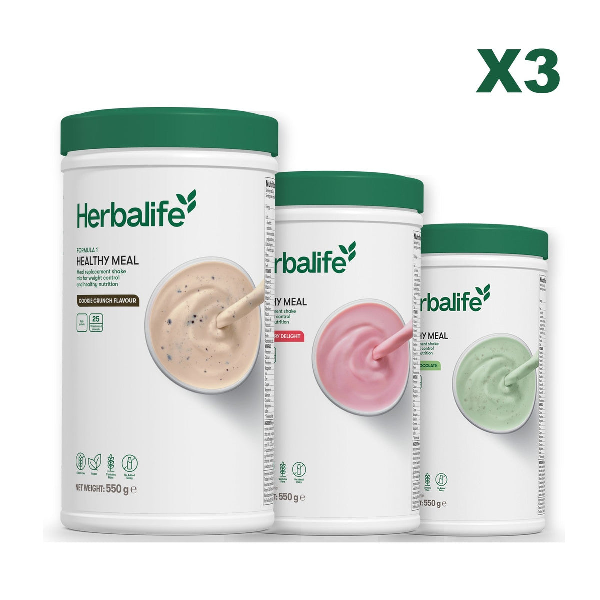 Three Formula 1 shake tubs led by Cookie Crunch, plus two flavours you choose, Strawberry / Mint Chocolate