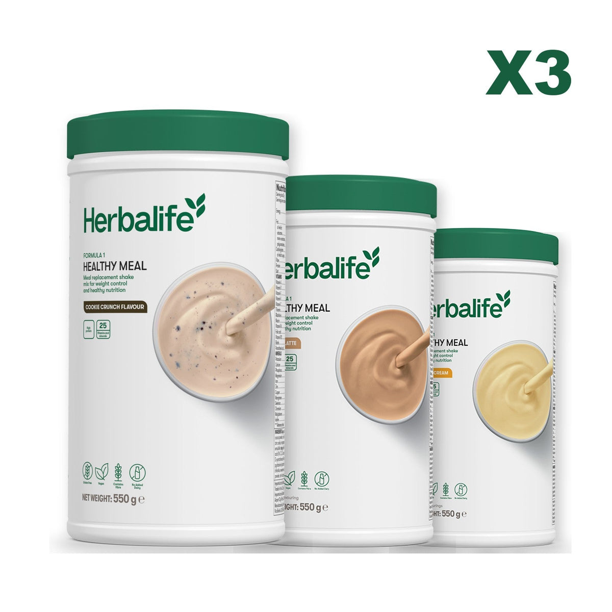 Three Formula 1 shake tubs led by Cookie Crunch, plus two flavours you choose, Cafe Latte / Banana Cream