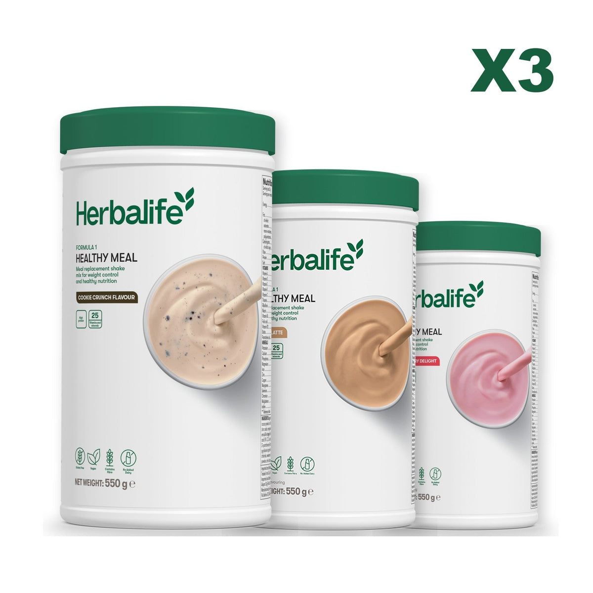 Three Formula 1 shake tubs led by Cookie Crunch, plus two flavours you choose, Cafe Latte / Strawberry