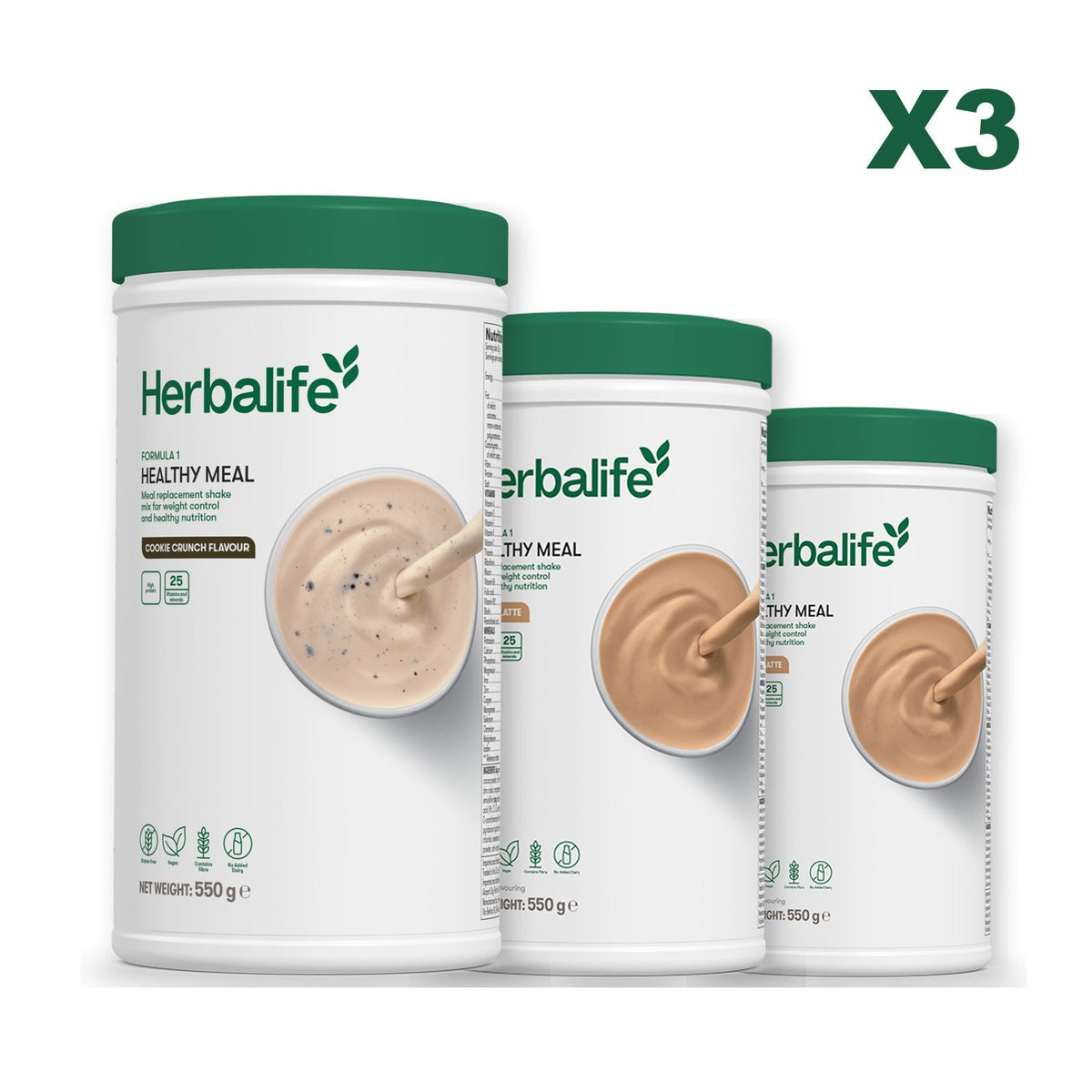 Three Formula 1 shake tubs led by Cookie Crunch, plus two flavours you choose, Cafe Latte / Cafe Latte