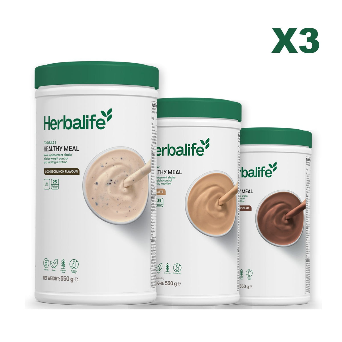Three Formula 1 shake tubs led by Cookie Crunch, plus two flavours you choose, Cafe Latte / Chocolate