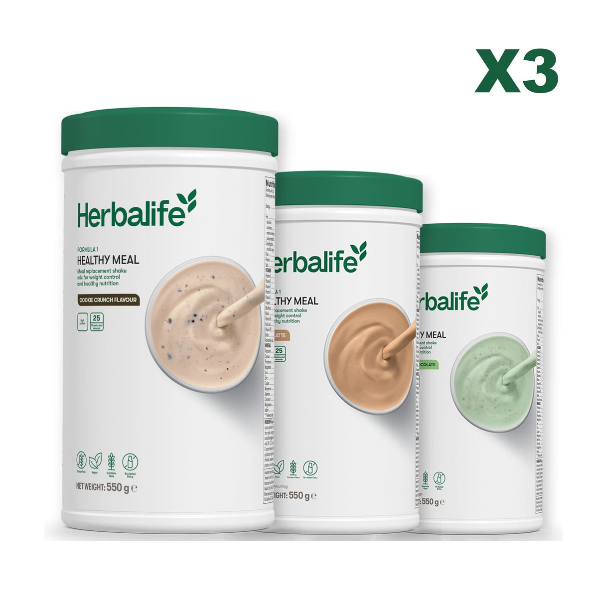 Three Formula 1 shake tubs led by Cookie Crunch, plus two flavours you choose, Cafe Latte / Mint Chocolate
