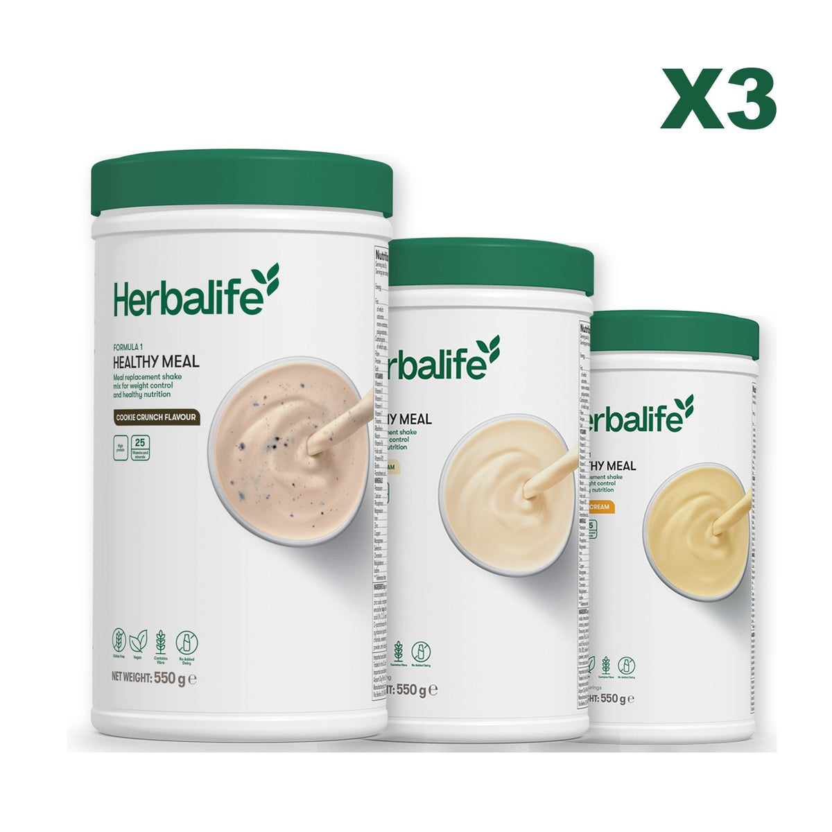 Three Formula 1 shake tubs led by Cookie Crunch, plus two flavours you choose, Vanilla / Banana Cream