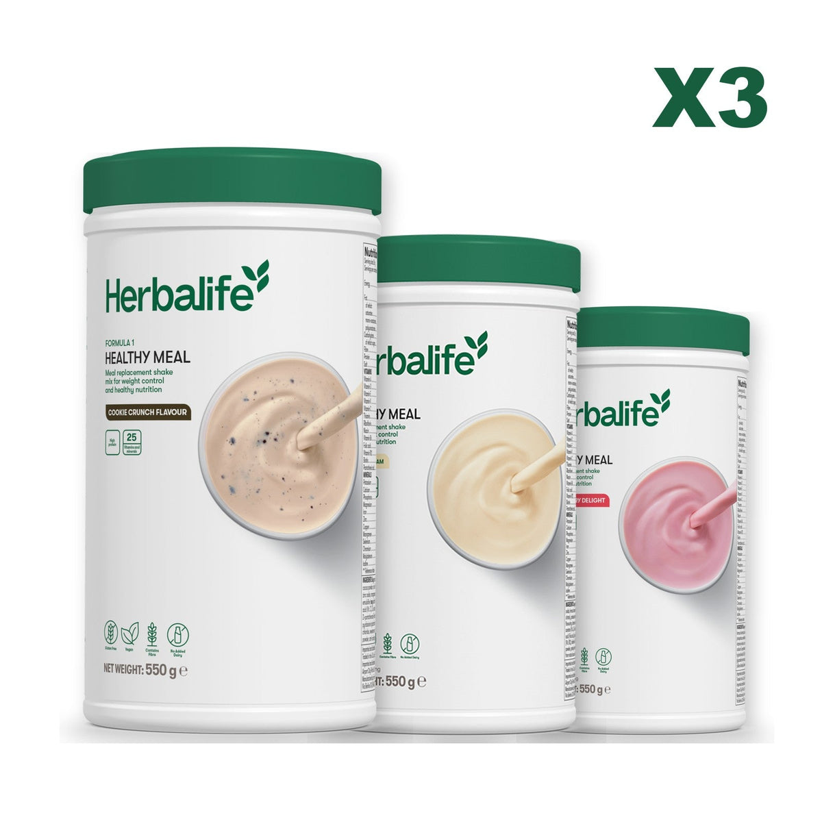 Three Formula 1 shake tubs led by Cookie Crunch, plus two flavours you choose, Vanilla / Strawberry