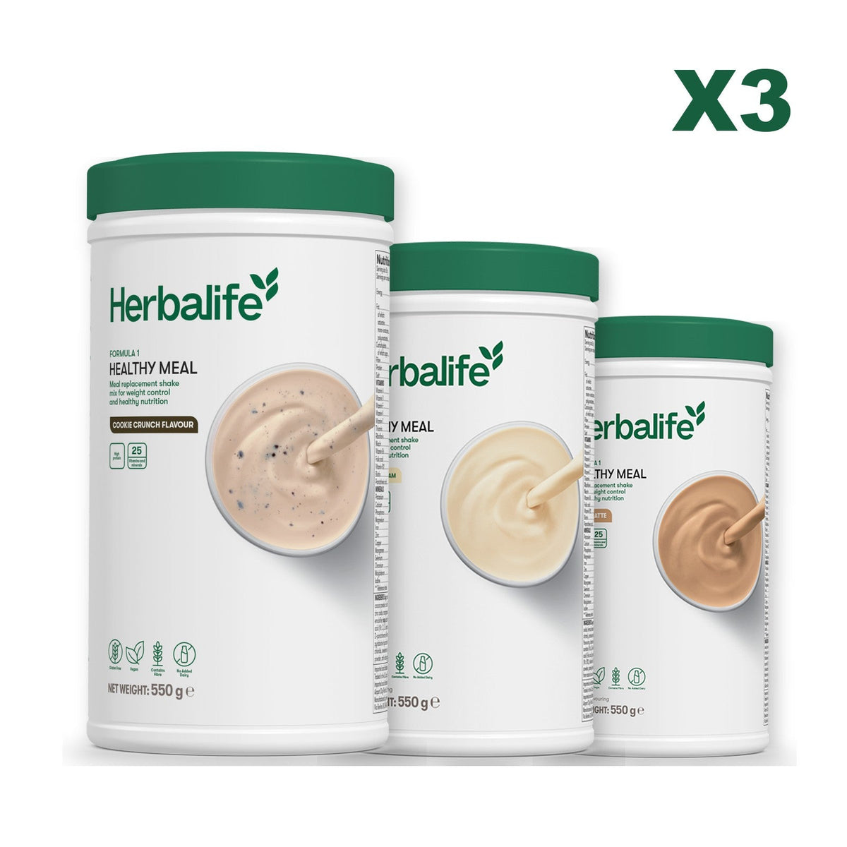 Three Formula 1 shake tubs led by Cookie Crunch, plus two flavours you choose, Vanilla / Cafe Latte