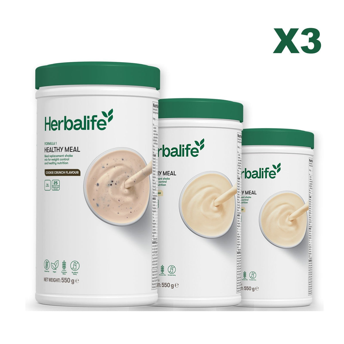 Three Formula 1 shake tubs led by Cookie Crunch, plus two flavours you choose, Vanilla / Vanilla
