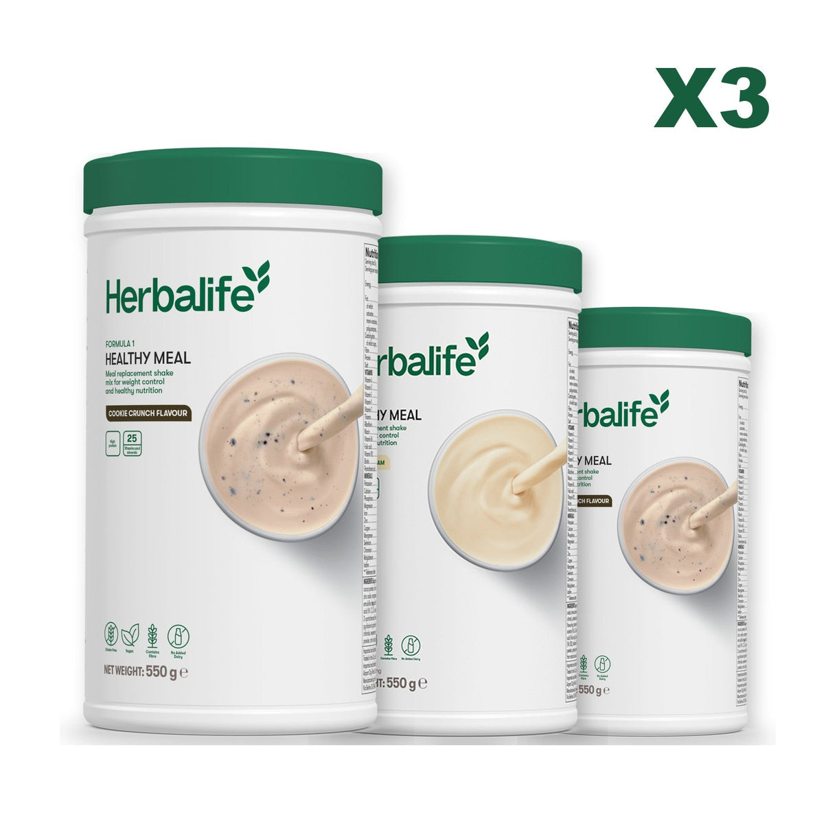 Three Formula 1 shake tubs led by Cookie Crunch, plus two flavours you choose, Vanilla / Cookie Crunch