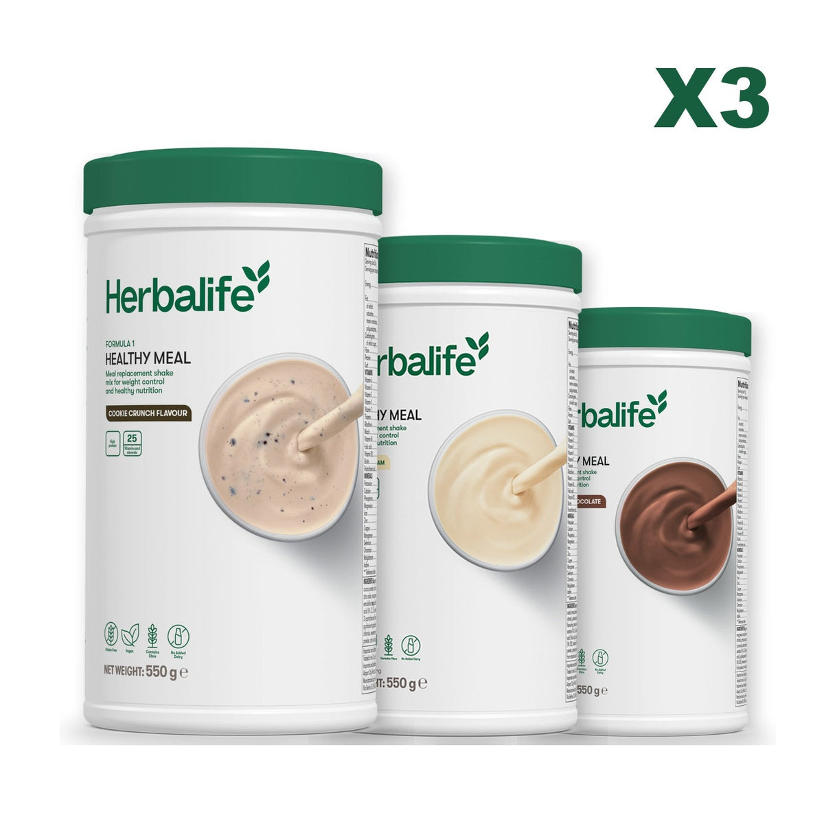 Three Formula 1 shake tubs led by Cookie Crunch, plus two flavours you choose, Vanilla / Chocolate