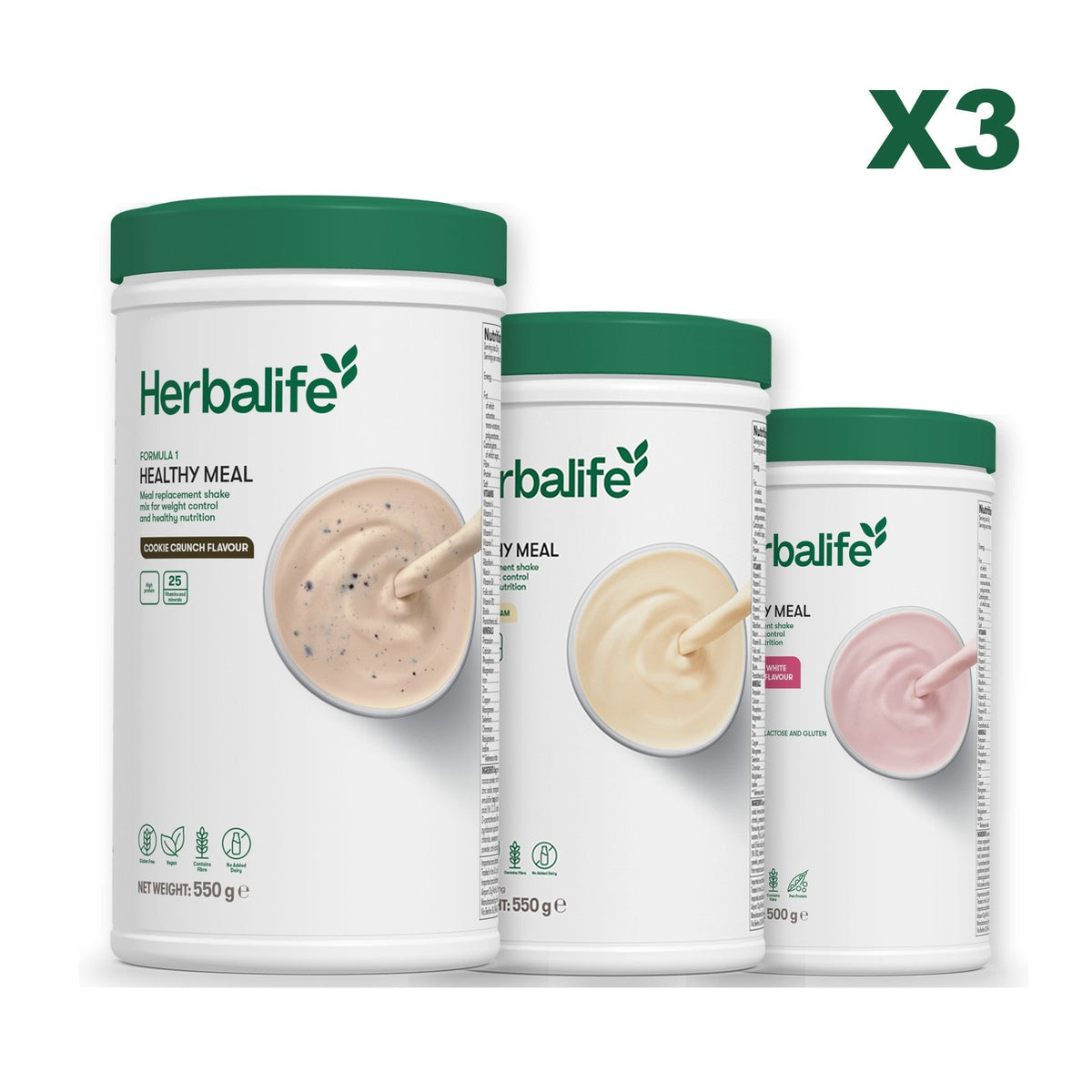 Three Formula 1 shake tubs led by Cookie Crunch, plus two flavours you choose, Vanilla / Free From Raspberry & White Chocolate
