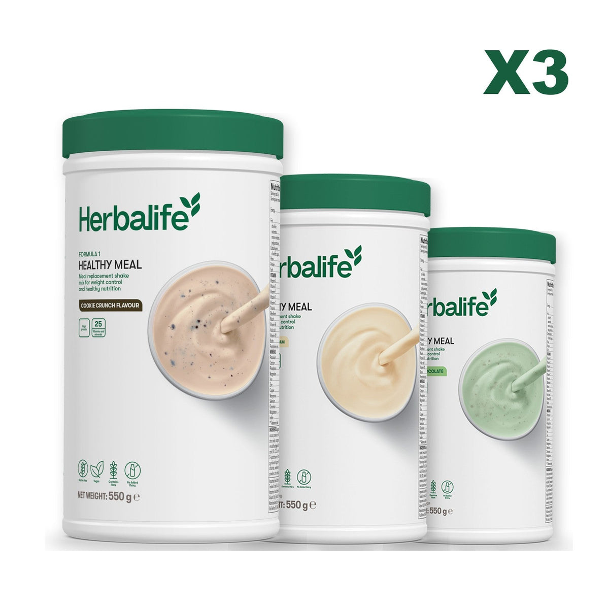 Three Formula 1 shake tubs led by Cookie Crunch, plus two flavours you choose, Vanilla / Mint Chocolate