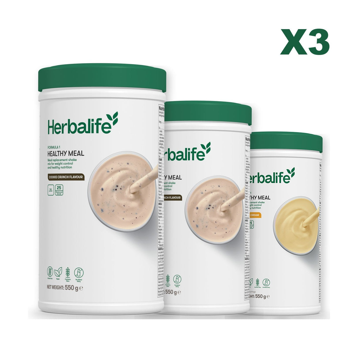 Three Formula 1 shake tubs led by Cookie Crunch, plus two flavours you choose, Cookie Crunch / Banana Cream