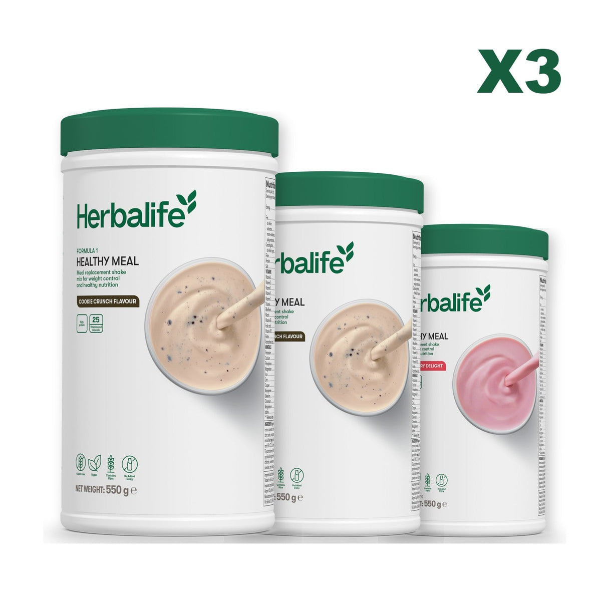 Three Formula 1 shake tubs led by Cookie Crunch, plus two flavours you choose, Cookie Crunch / Strawberry