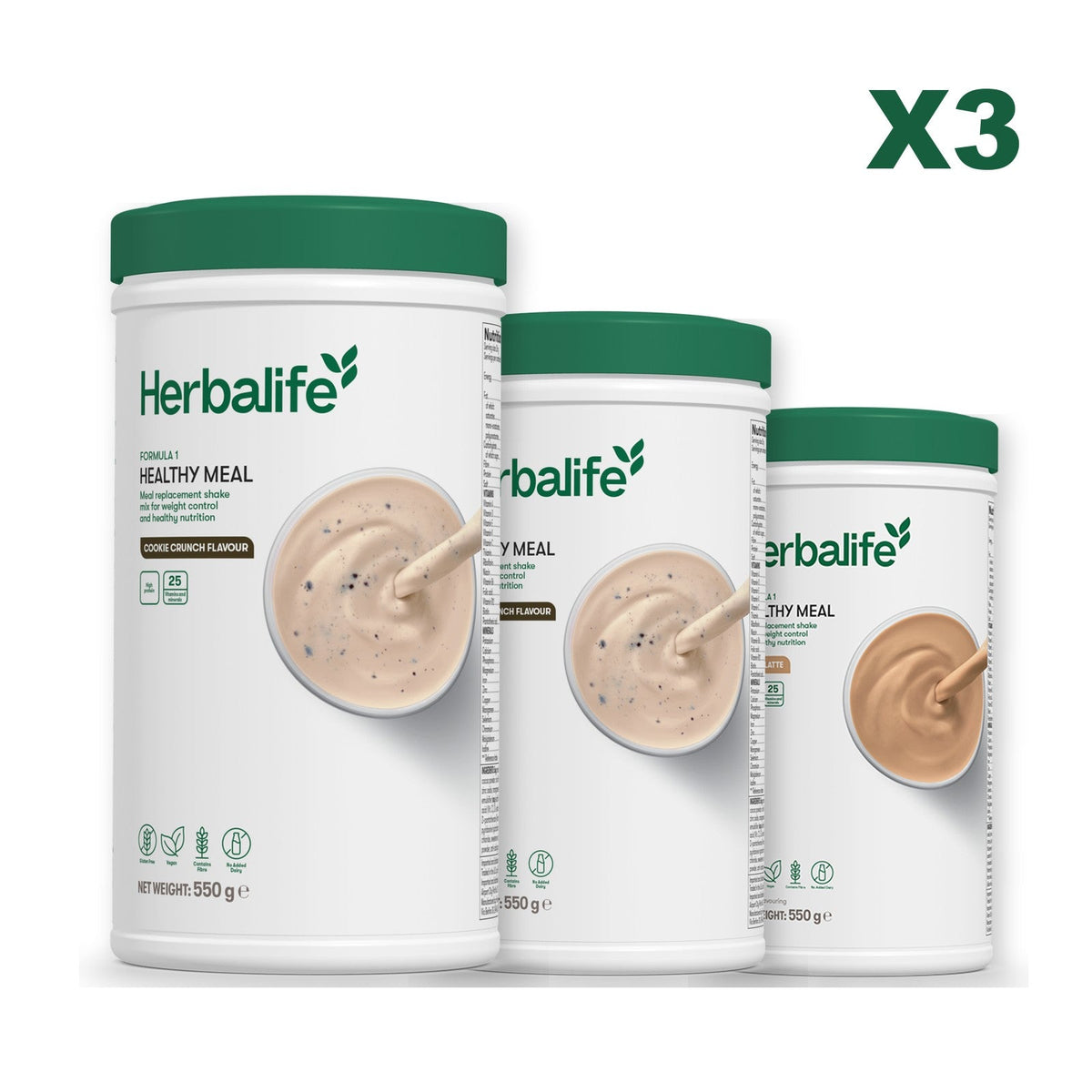 Three Formula 1 shake tubs led by Cookie Crunch, plus two flavours you choose, Cookie Crunch / Cafe Latte