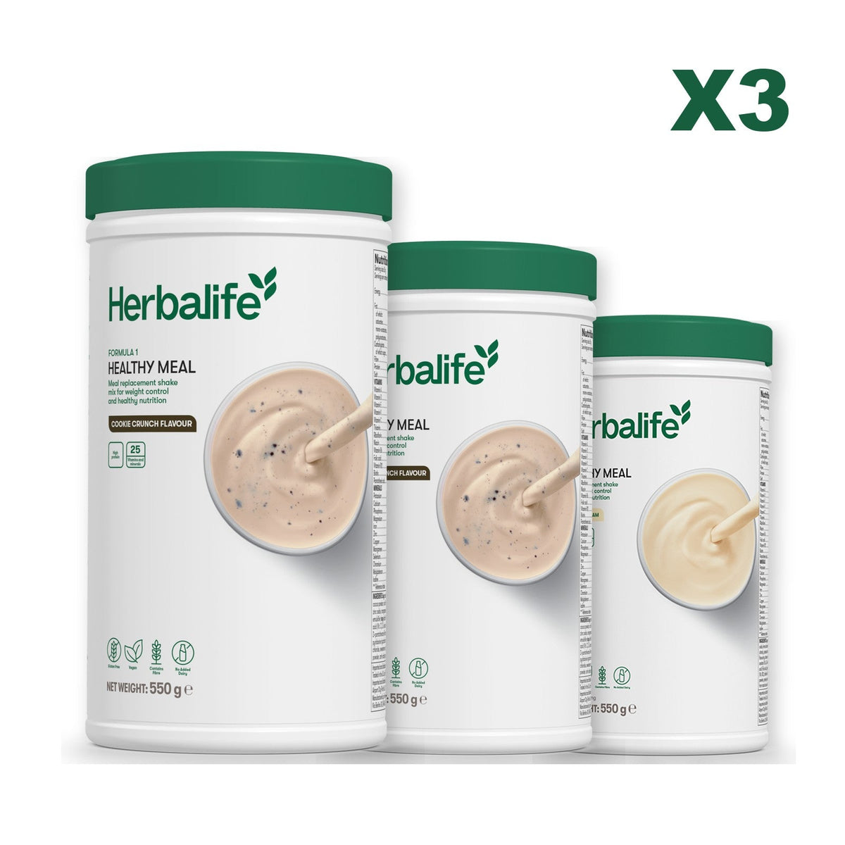 Three Formula 1 shake tubs led by Cookie Crunch, plus two flavours you choose, Cookie Crunch / Vanilla
