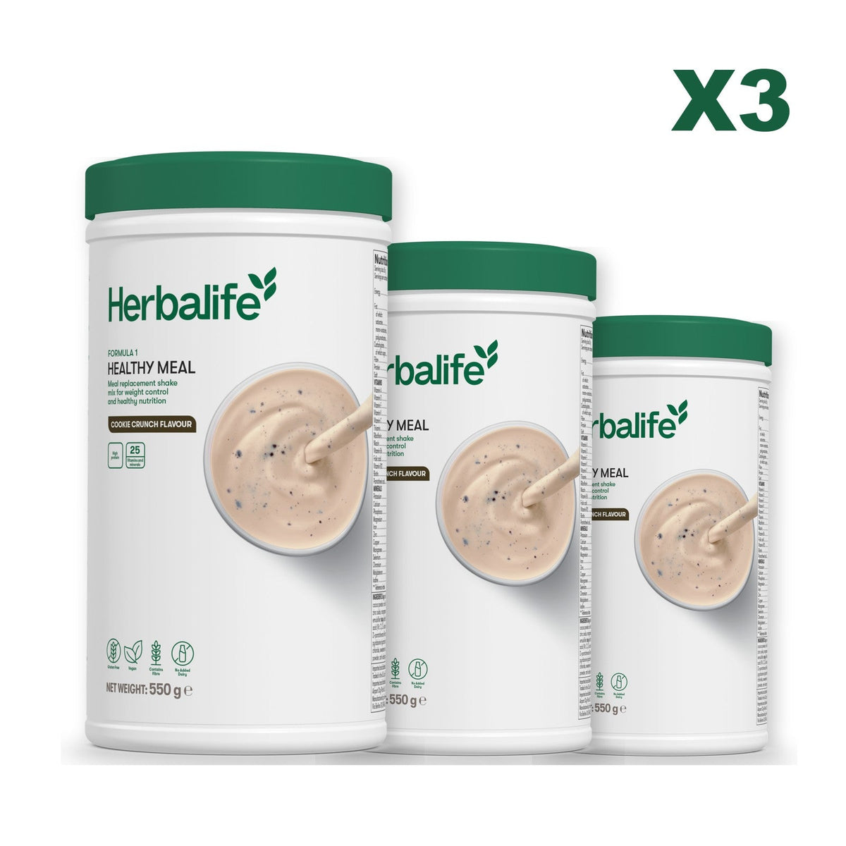Three Formula 1 shake tubs led by Cookie Crunch, plus two flavours you choose, Cookie Crunch / Cookie Crunch