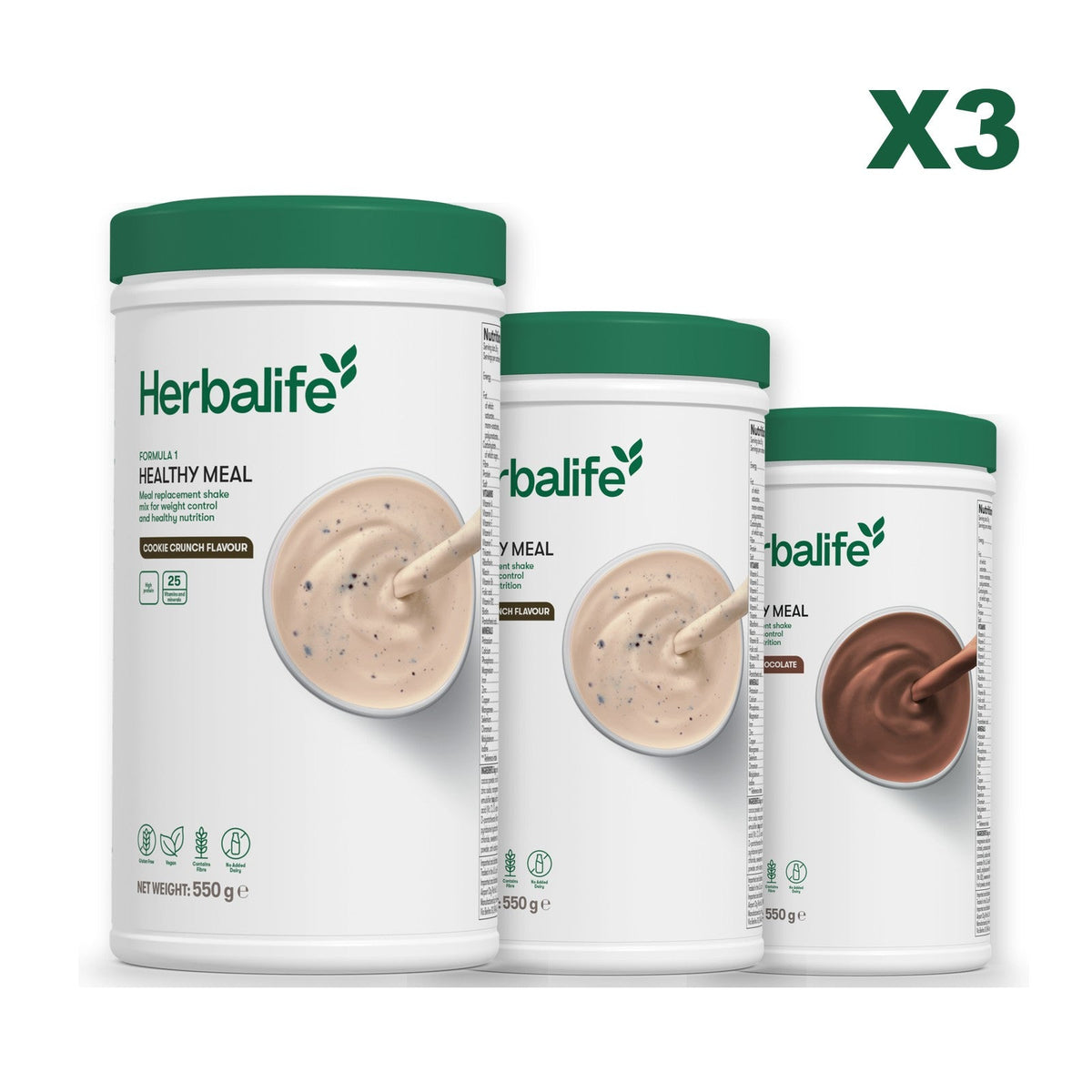 Three Formula 1 shake tubs led by Cookie Crunch, plus two flavours you choose, Cookie Crunch / Chocolate