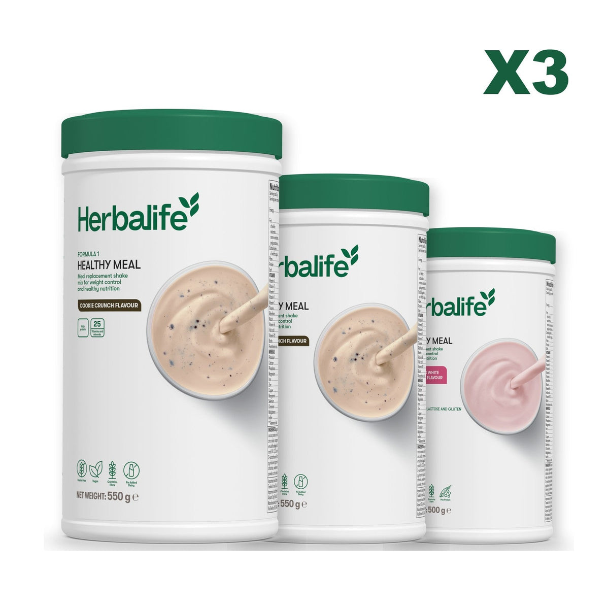Three Formula 1 shake tubs led by Cookie Crunch, plus two flavours you choose, Cookie Crunch / Free From Raspberry & White Chocolate