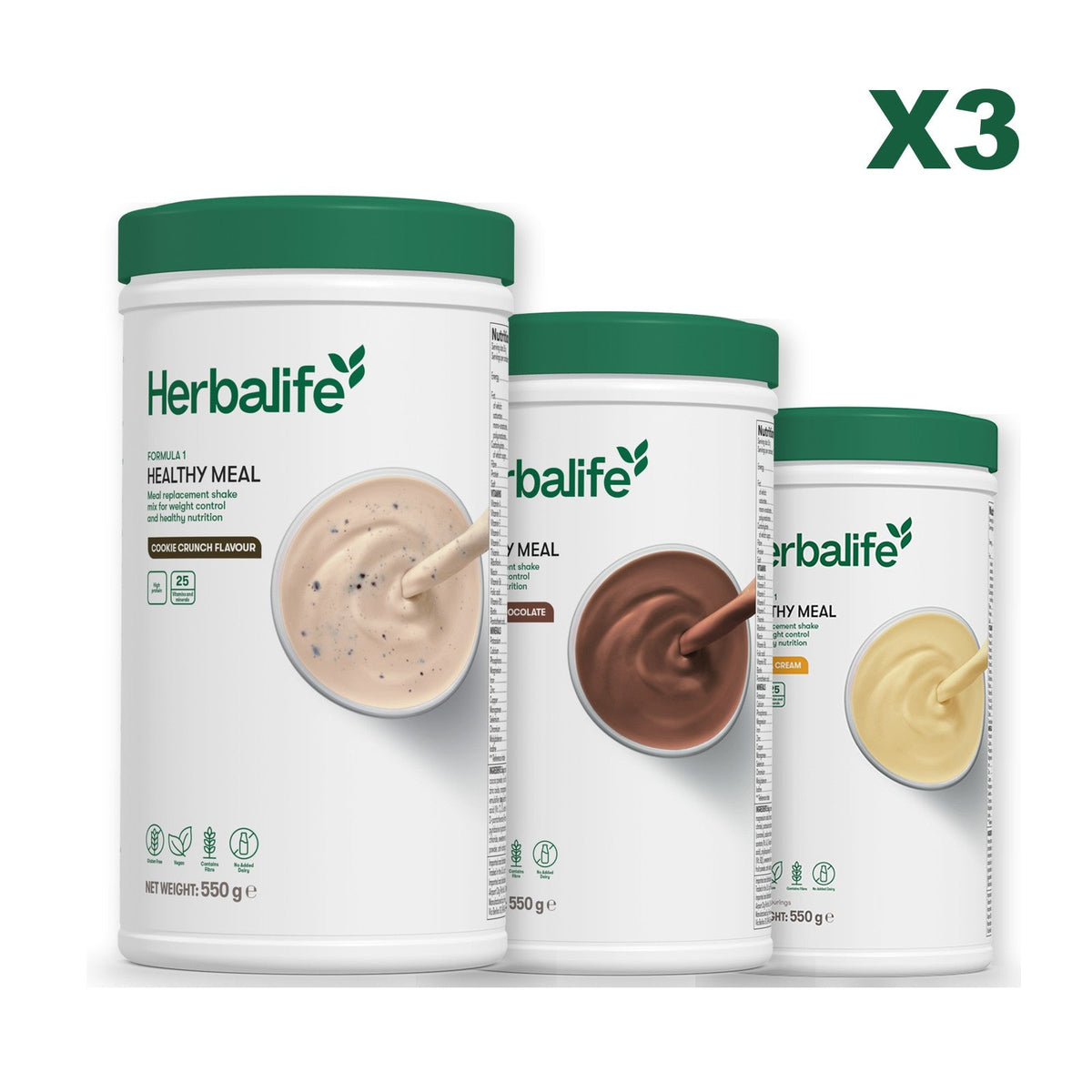 Three Formula 1 shake tubs led by Cookie Crunch, plus two flavours you choose, Chocolate / Banana Cream