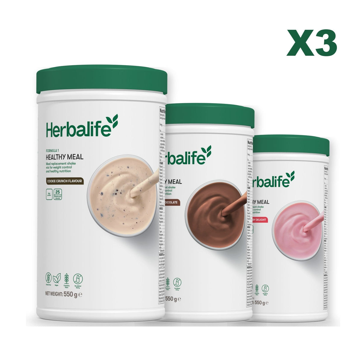 Three Formula 1 shake tubs led by Cookie Crunch, plus two flavours you choose, Chocolate / Strawberry