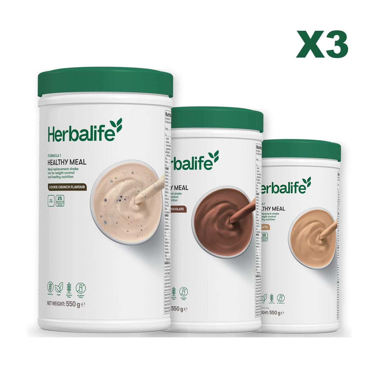 Three Formula 1 shake tubs led by Cookie Crunch, plus two flavours you choose, Chocolate / Cafe Latte