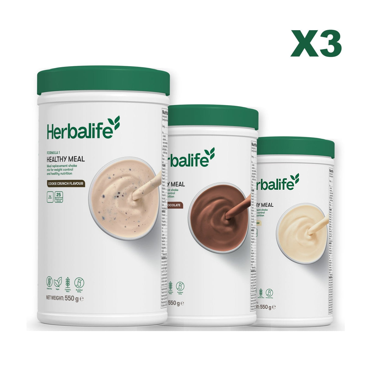 Three Formula 1 shake tubs led by Cookie Crunch, plus two flavours you choose, Chocolate / Vanilla